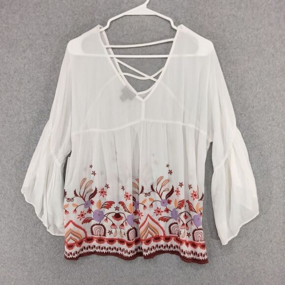 NWT a.n.a. A New Approach Blouse Wmn Size XS Boho White Floral Flowy Top Peasant - Picture 7 of 10